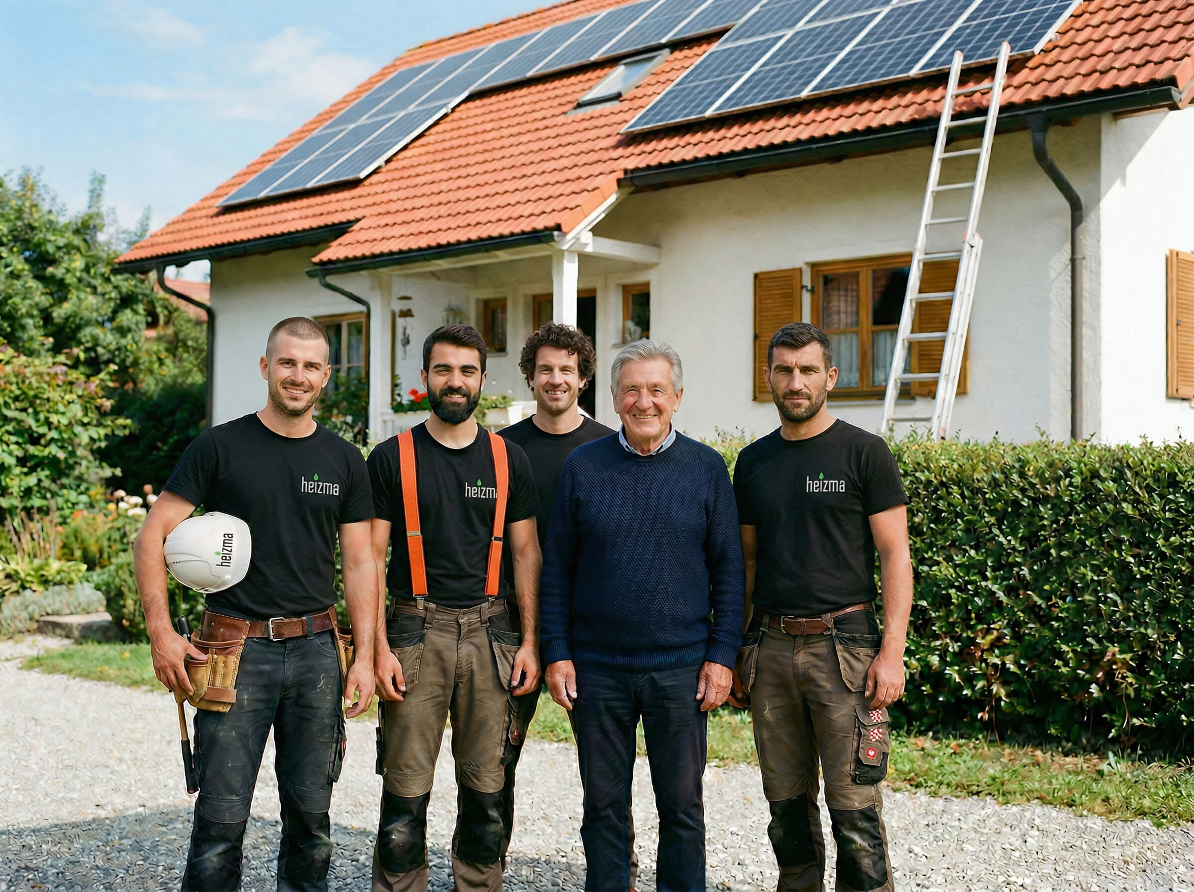 Techniker installieren eine Wärmepumpe in einem Garten