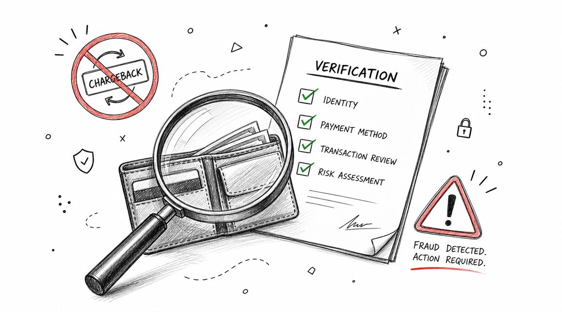 A hand-drawn illustration showing a magnifying glass over a wallet next to a document with verification checkboxes.