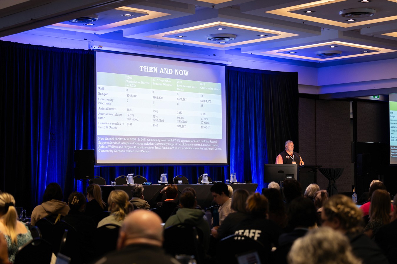 Man speaking on stage at conference next to projector screen