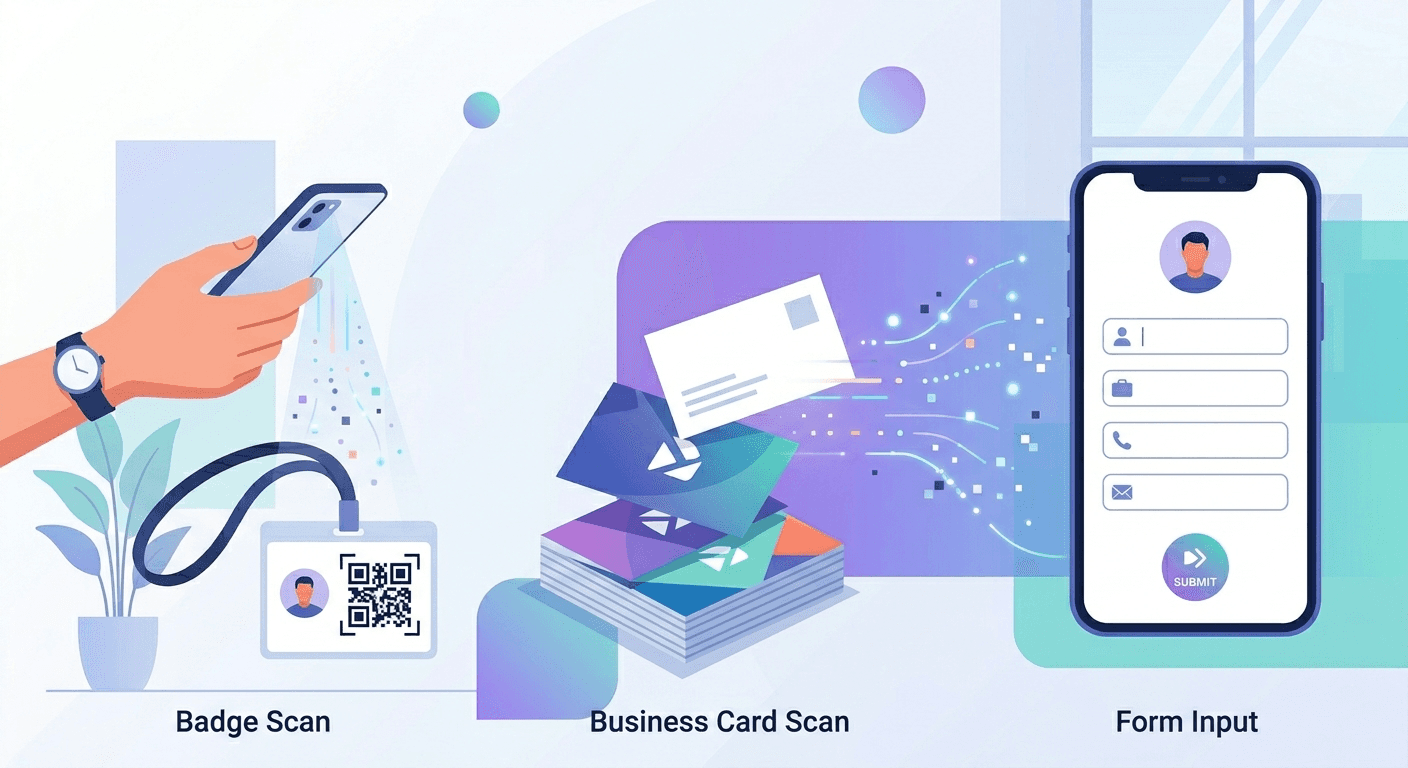 Different ways to capture contacts including QR scanning, card scanning, and manual entry