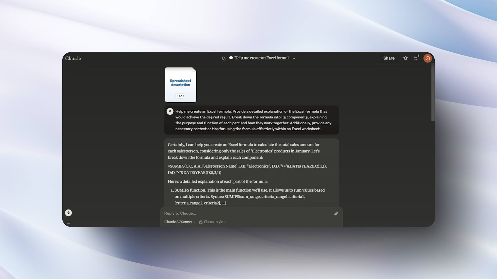 screenshot of Claude AI chat interface with a dark theme, explaining an Excel formula using SUMIFS for calculating sales based on multiple criteria 