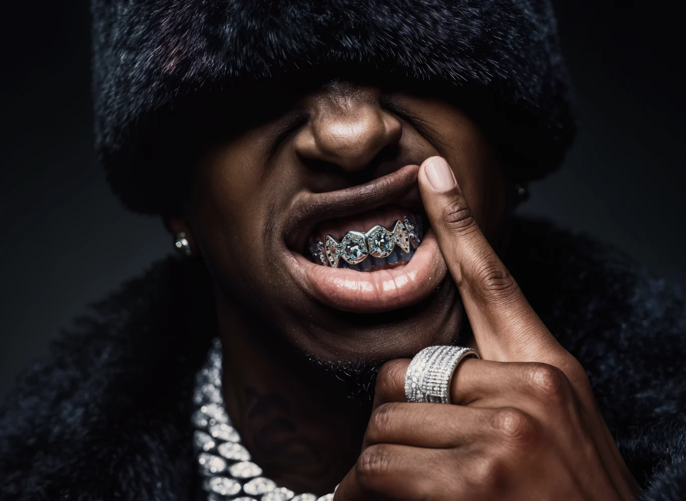 Close-up of a hip hop artist wearing a fur hat and grill, pointing at his teeth