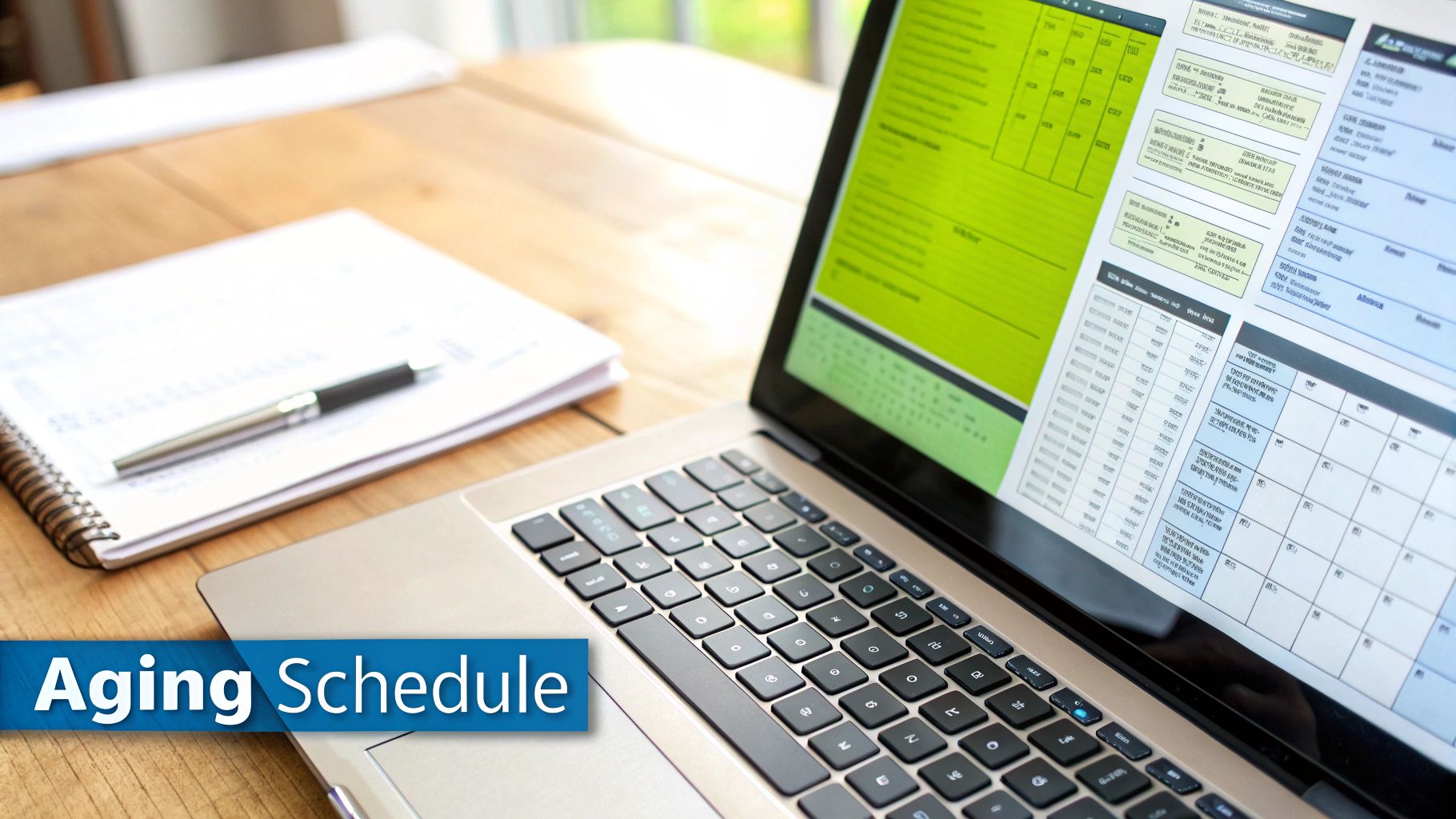 Laptop displaying aging schedule spreadsheet on desk with notebook and pen for accounts receivable tracking