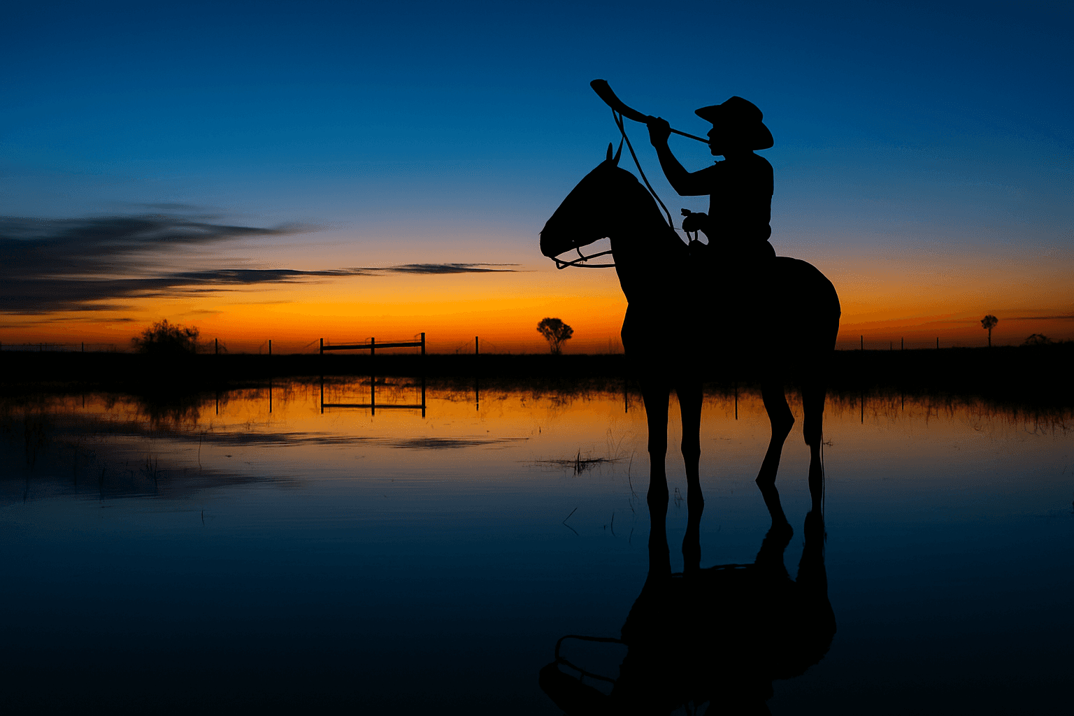 Cowboy at sunset in the western Pantanal playing a Berrante – the traditional cattle horn trumpet. A powerful symbol of Pantaneiro culture in western Mato Grosso.
