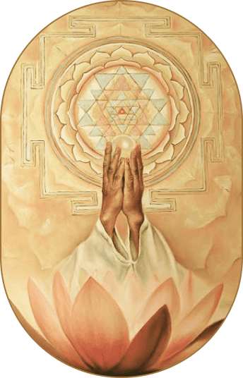 A serene figure in a lotus blossom, surrounded by a circular halo of light and intricate patterns.