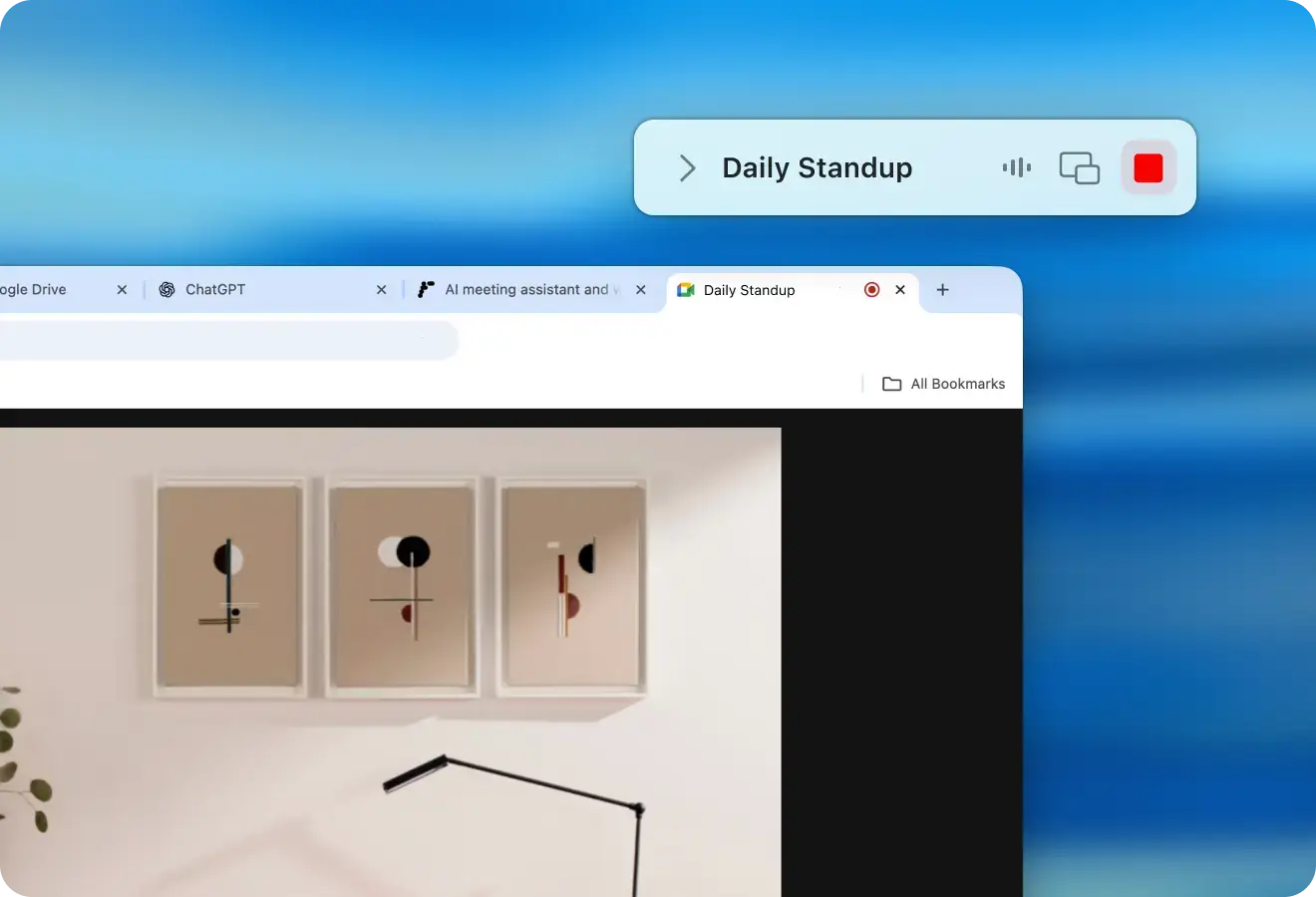 Radiant’s minimized meeting notepad hovering at the top right during a Daily Standup, showing that the meeting is being captured while the user continues working in their browser.