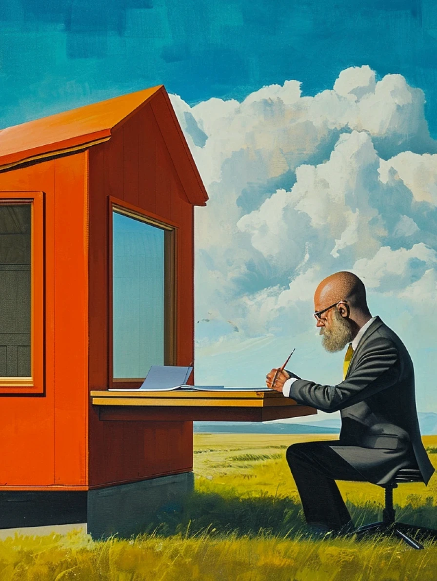 Surrealist image of a man writing on a desk attached to a tiny red house