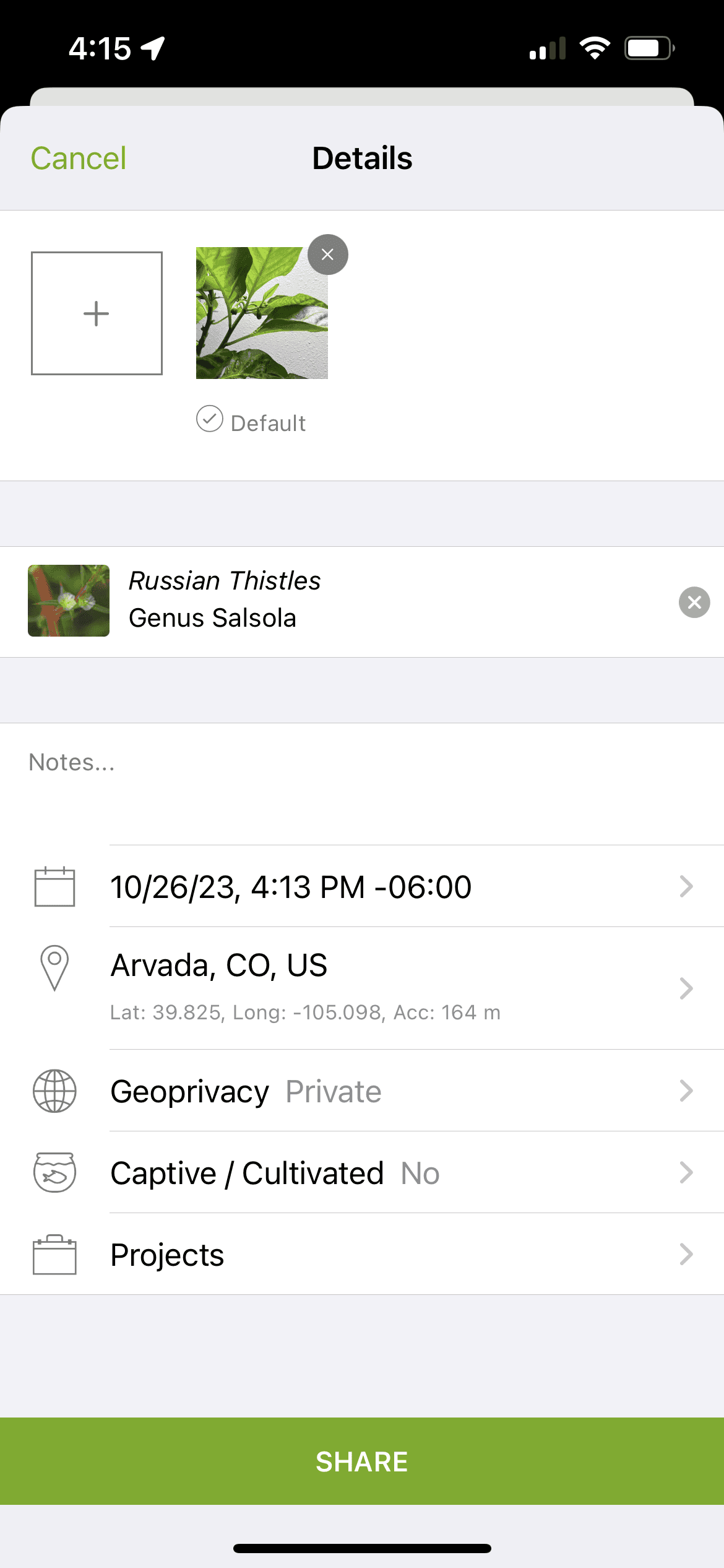 inaturalist screenshot with filled reporting form