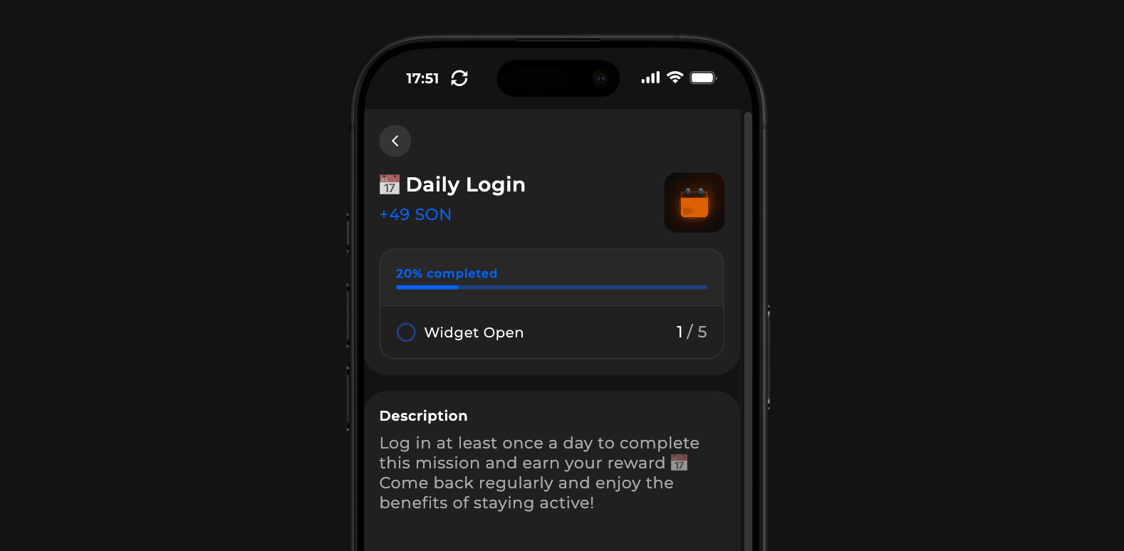 Enable3-powered Daily Login gamification mission: users earn +49 SON points by logging in at least once per day, with a visual progress bar at 20% completion and widget open tracker showing 1 out of 5 required interactions — description reads "Log in at least once a day to complete this mission and earn your reward. Come back regularly and enjoy the benefits of staying active!" — illustrating a DAU-boosting retention mechanic through daily habit reinforcement and incremental progress rewards