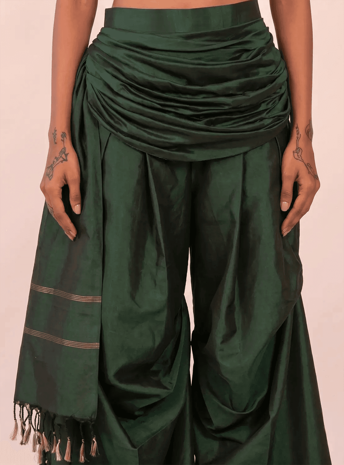 ANTARIYA X is a one of a kind drape pant, handcrafted in house from repurposed pure silk and saree borders.