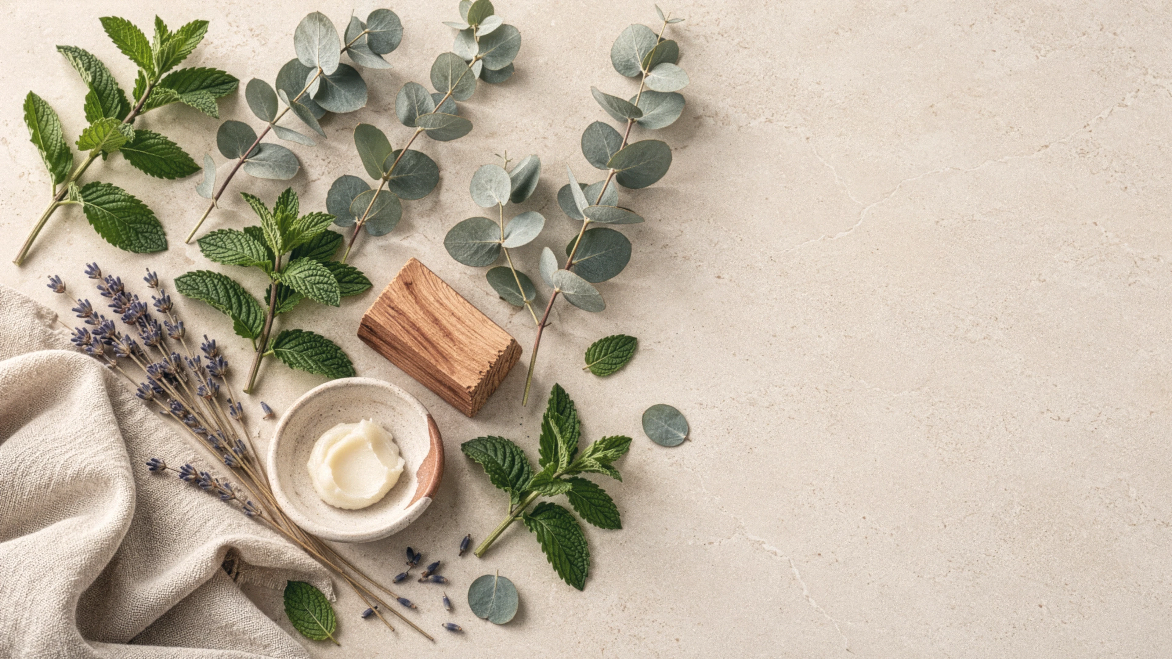 Eucalyptus, mint, lavender, a wooden block, a bowl of balm and a linen cloth laid out on a pale stone surface
