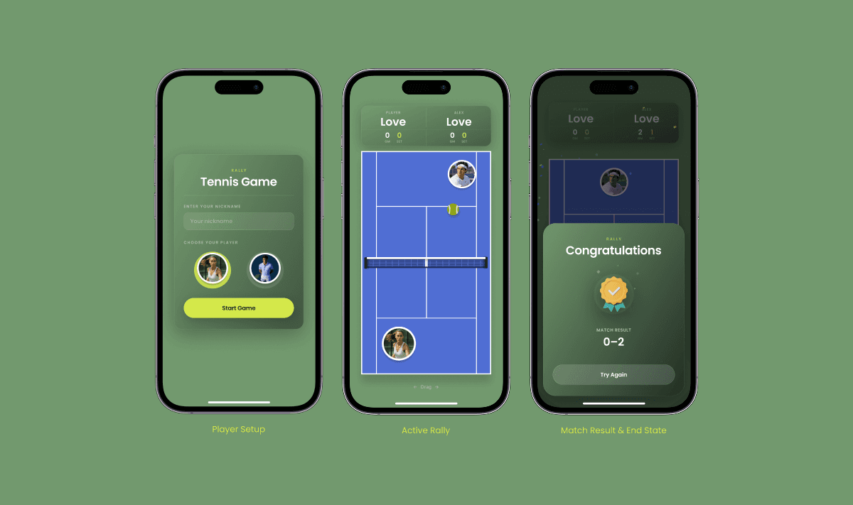 Rally tennis mini-game UI featuring player selection, an active tennis match, and a match result screen.
