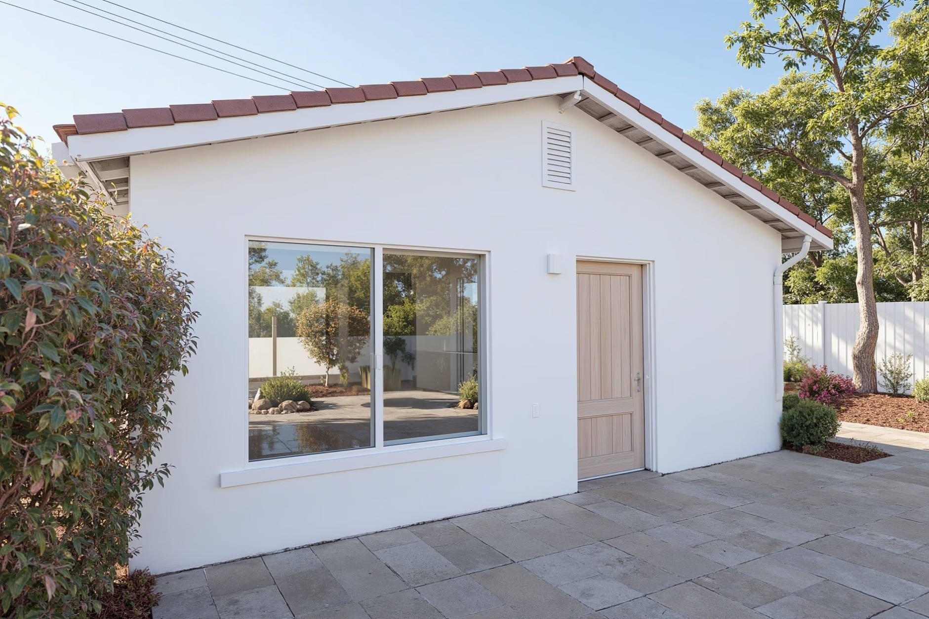 A modern white house with a large window and a beige door, surrounded by greenery and a clear blue sky.