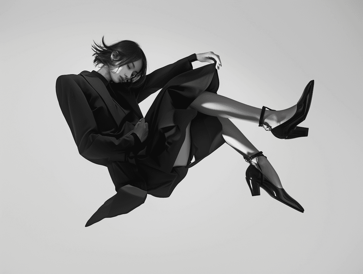 A black and white image of a woman floating in space. She is dressed beautifully with high heels 