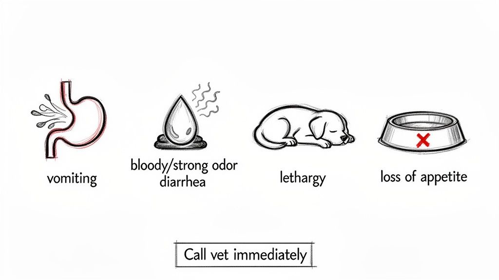 Illustrations of dog illness symptoms: vomiting, bloody diarrhea, lethargy, and loss of appetite, urging to call a vet immediately.