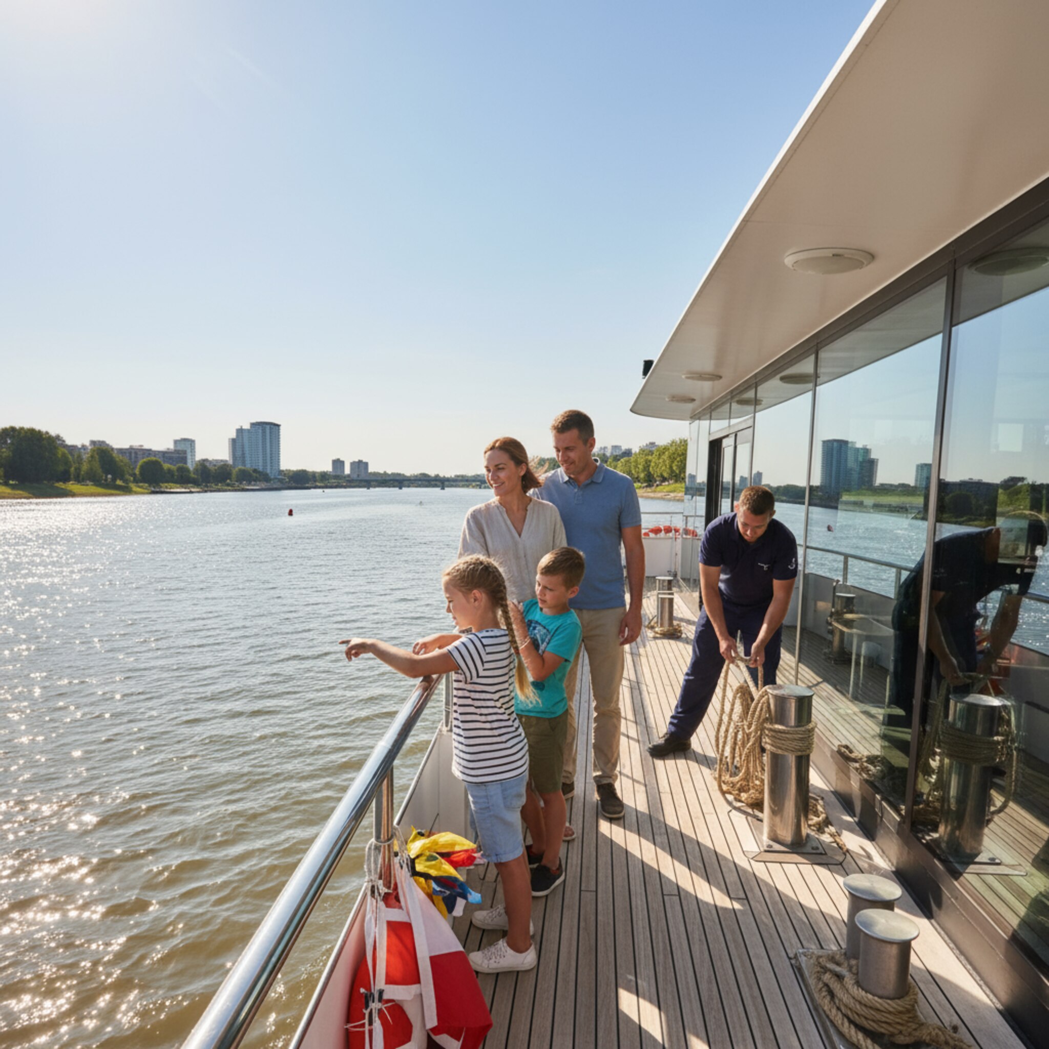 Eine Familie steht am Geländer und blickt auf ein breites Flussufer. Kinder zählen vorbeiziehende Bojen, die Crew sichert sorgsam eine Leine. Das Deck ist sauber, dezent geschmückt, das Wasser glitzert. Lachen und leises Motorbrummen mischen sich zu einer ruhigen, klaren Atmosphäre.