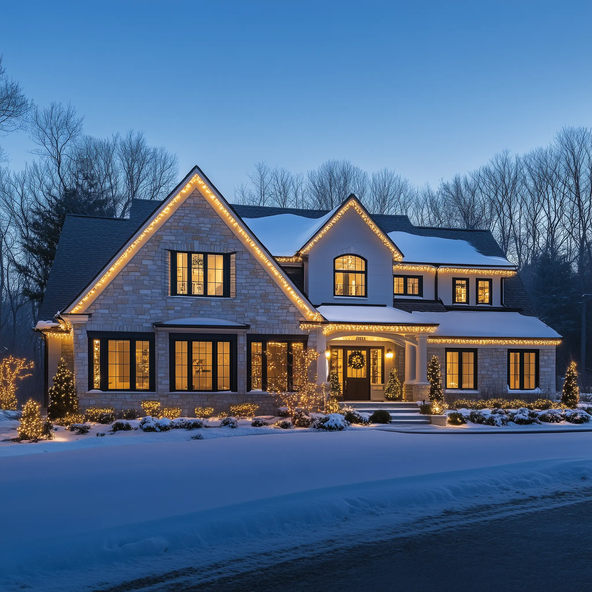 Custom Christmas light installation on a two-story home in Chester County.