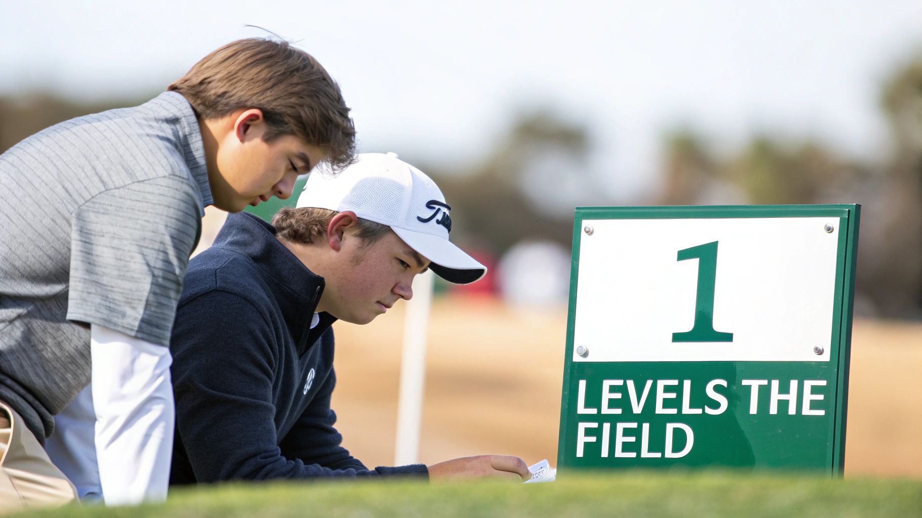 Two young men on a golf course, one reading notes by a sign saying '1 Levels the Field'.