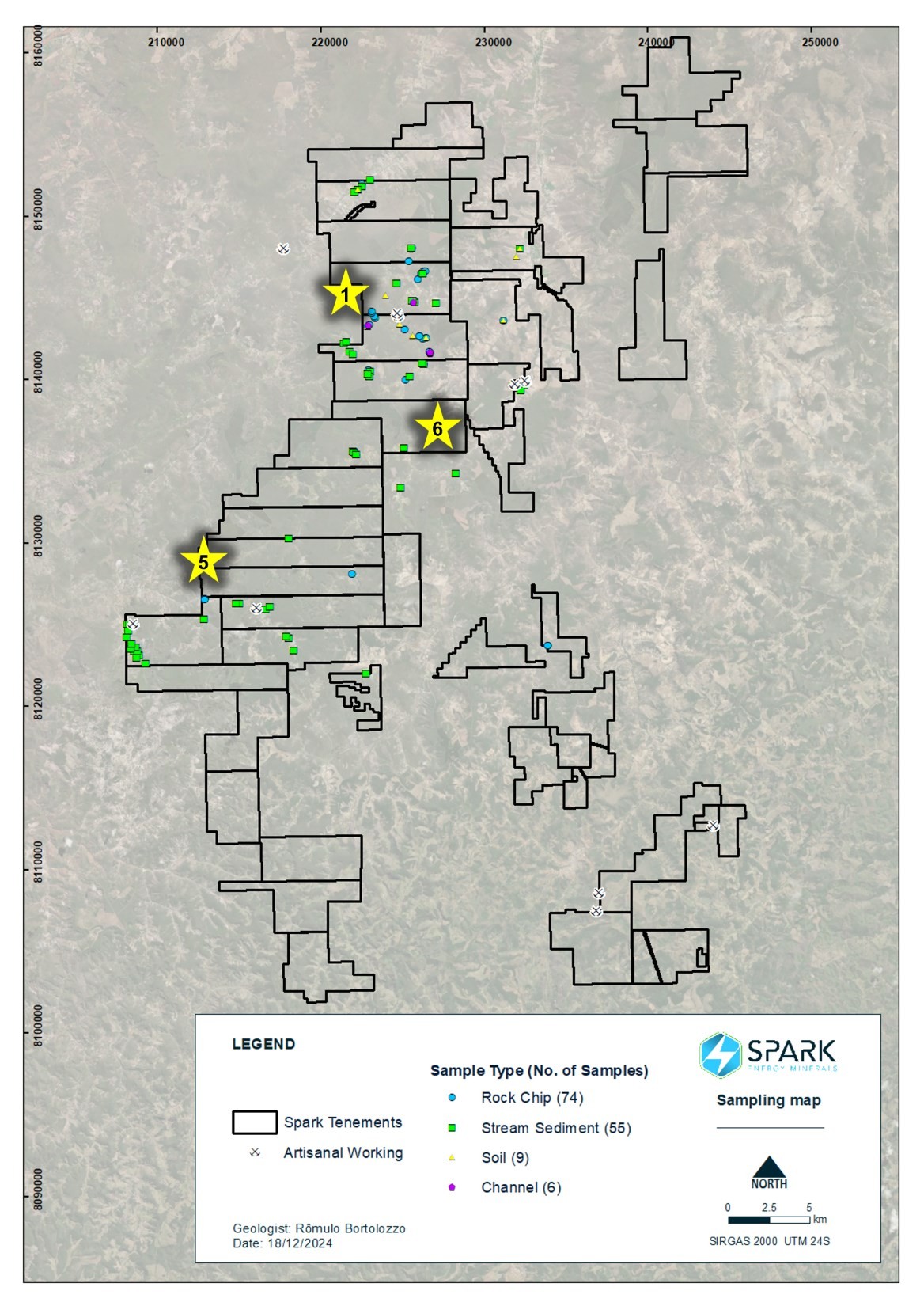 Figure 1: Figure showing location of Priority Target Areas 1, 5 and New Target 6 with sampling points, Arapaima Lithium project tenements