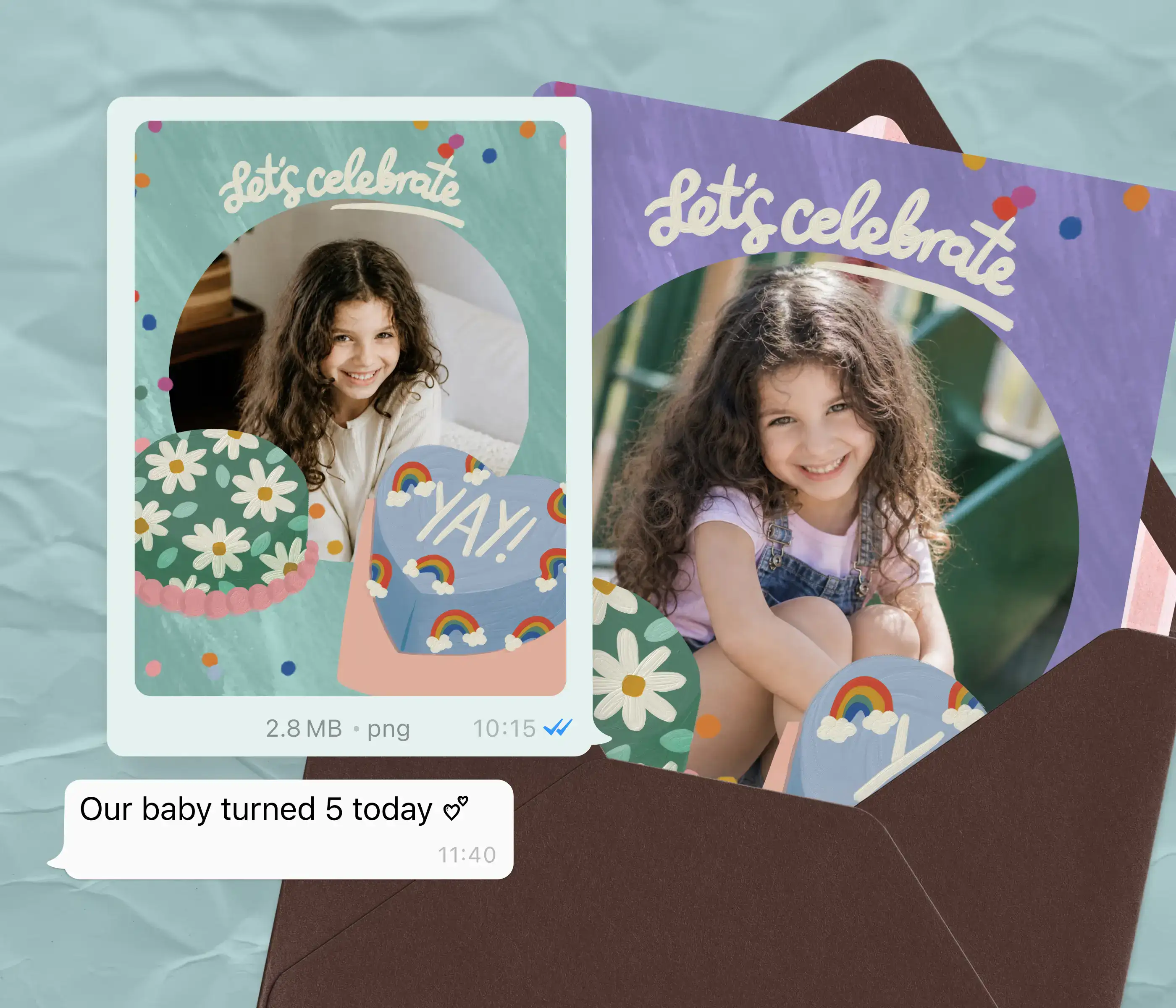 Two pastel birthday cards reading Let's celebrate and Yay, ready to send by text or print