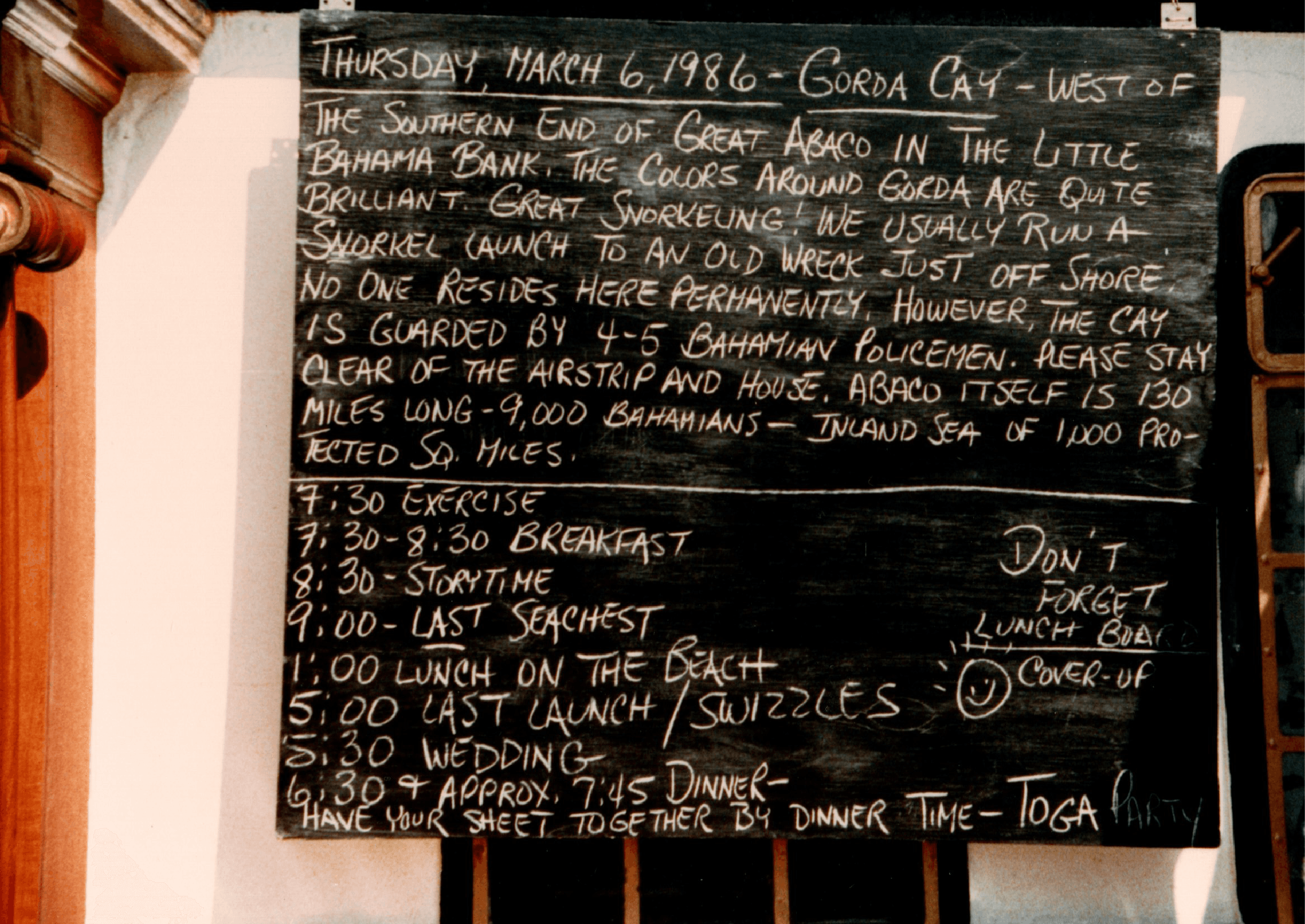 Windjammer daily activities board March 6 1986