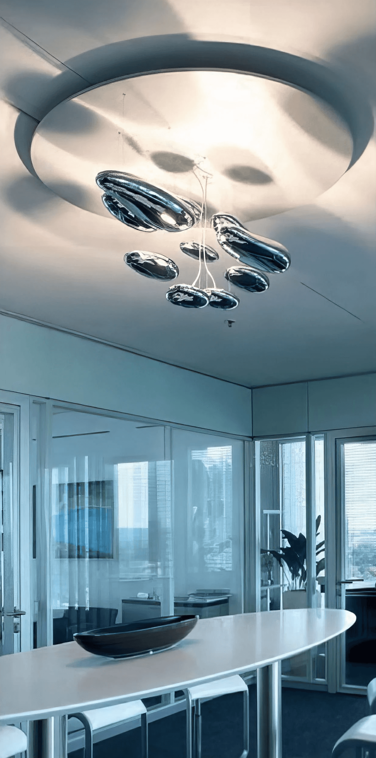 MW Interior  - Detailaufnahme einer skulpturalen Pendelleuchte aus verspiegelten Chrom-Tropfen unter rundem Deckensegel in modernem Büro mit Glastrennwänden" Beschreibung: Nahaufnahme der außergewöhnlichen Pendelleuchte mit organisch geformten Chrom-Elementen unter einem oval geformten Deckensegel – ein Licht-Kunstobjekt, das den Besprechungsbereich weit über das Gewöhnliche hinaushebt.