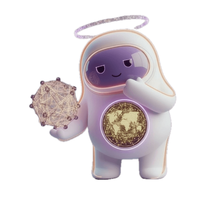 Agent IA Aurora : robot 3D futuriste violet affichant une carte du monde et des réseaux de données, symbolisant l'analyse macro-économique et géopolitique.