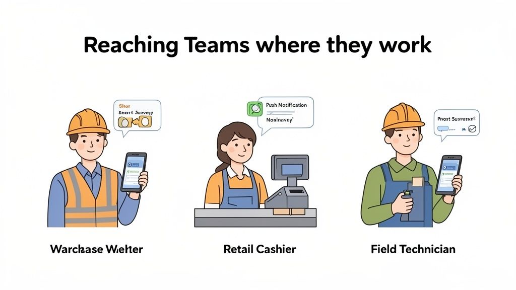 Three frontline workers (construction, retail, field technician) receiving digital surveys or notifications on mobile devices.