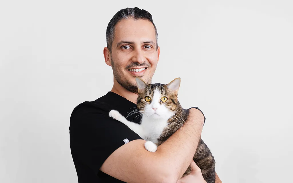 يقوم طبيب بيطري بتقديم الرعاية الطبية اللازمة لقطة صغيرة، حيث يمسكها بكل رفق وحنان لضمان شعورها بالأمان.