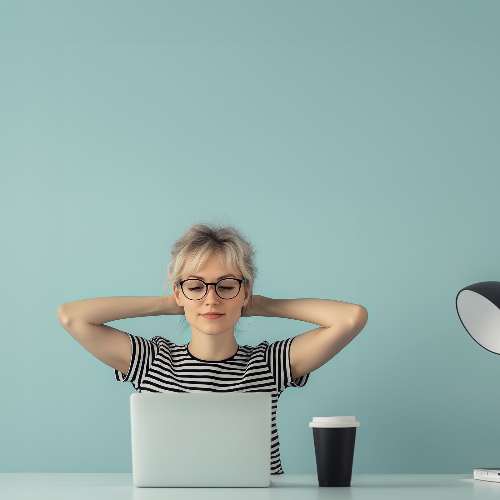 Woman in a striped shirt is sitting relaxed in fornt of her laptop