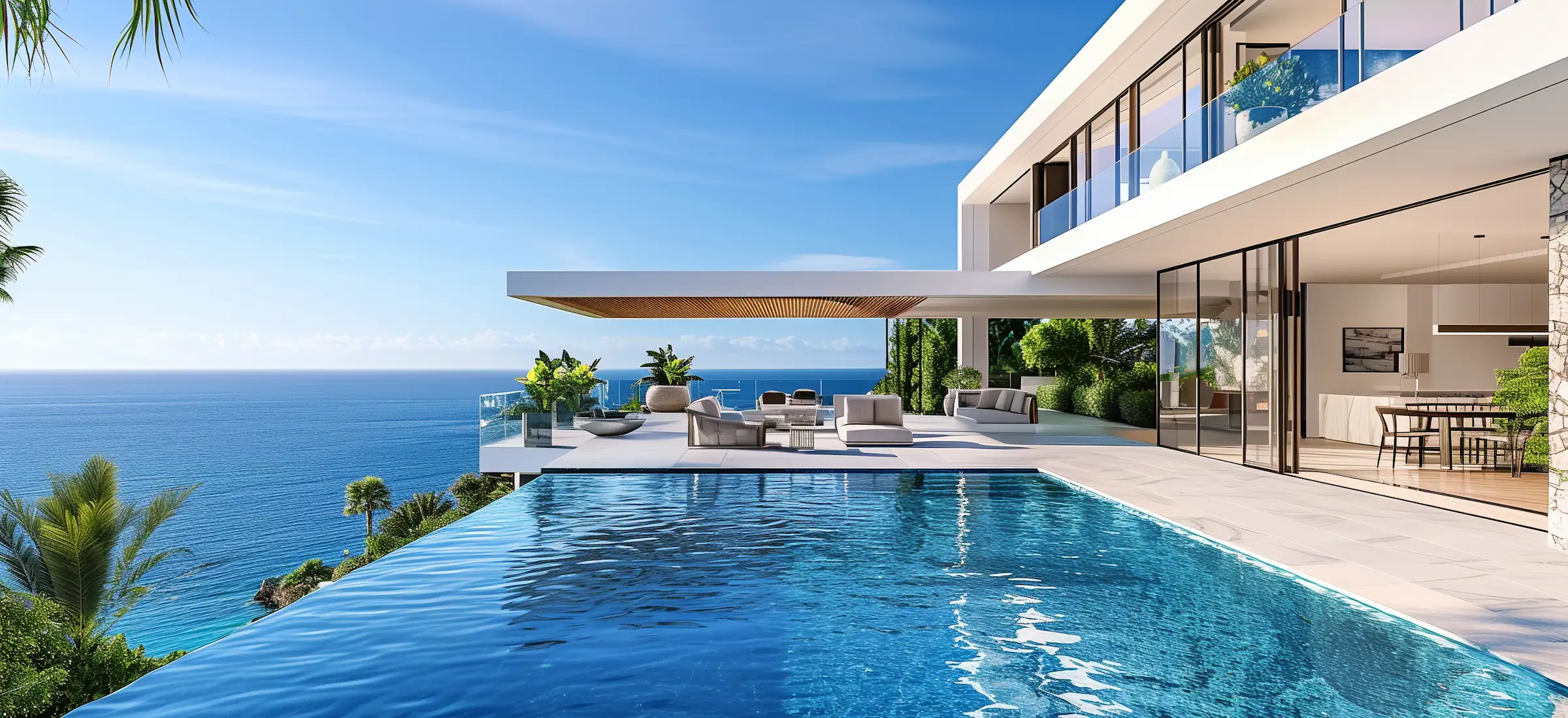 Poolside with lounge chairs and shaded seating beside a modern home