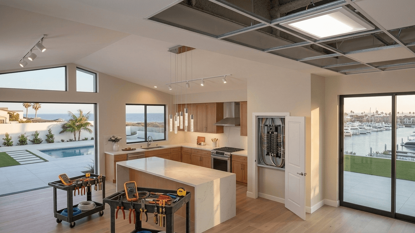 modern kitchen interior with ceiling lighting and electrical fixtures after professional residential lighting installation