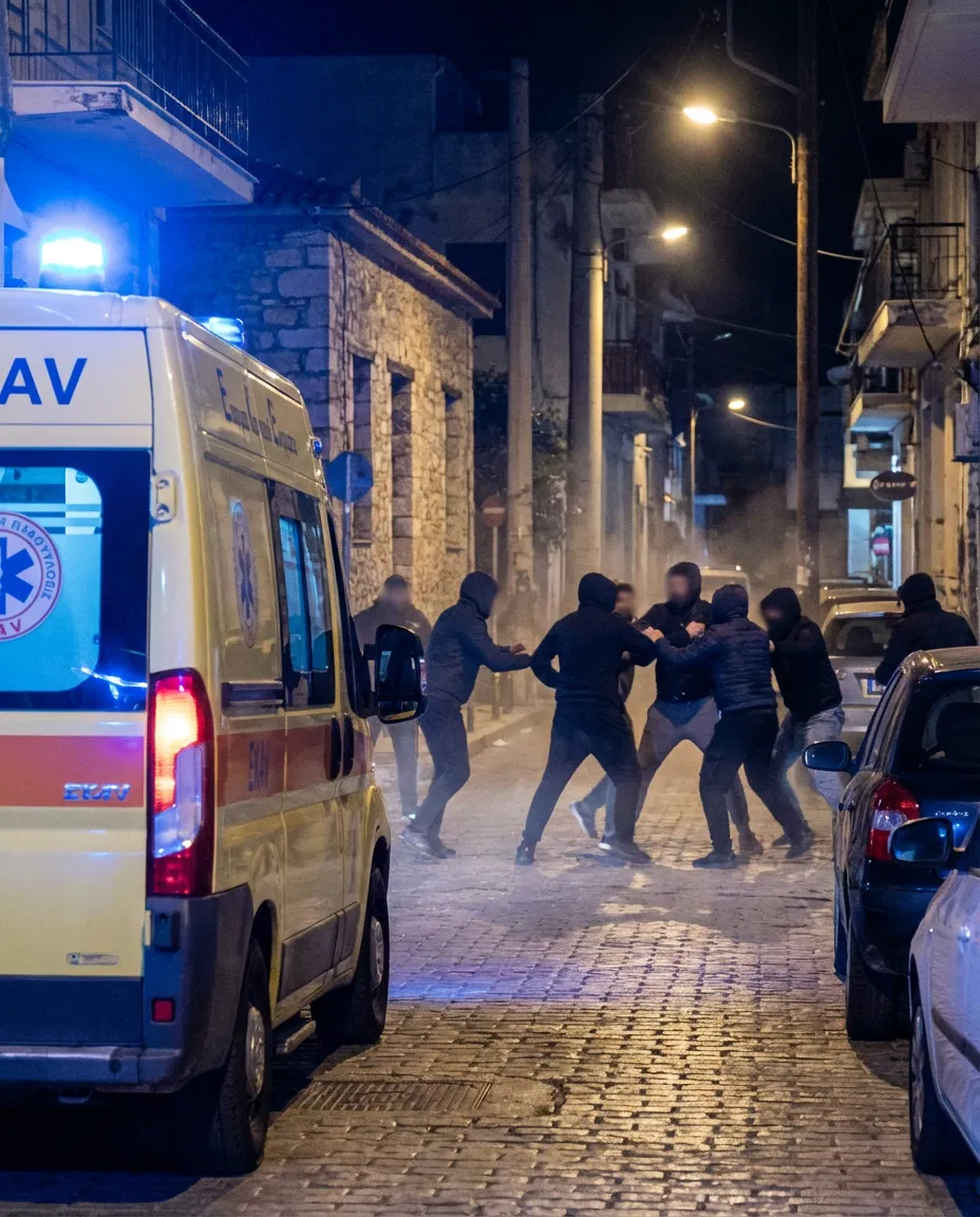 Header image depicting a Greek ambulance at night