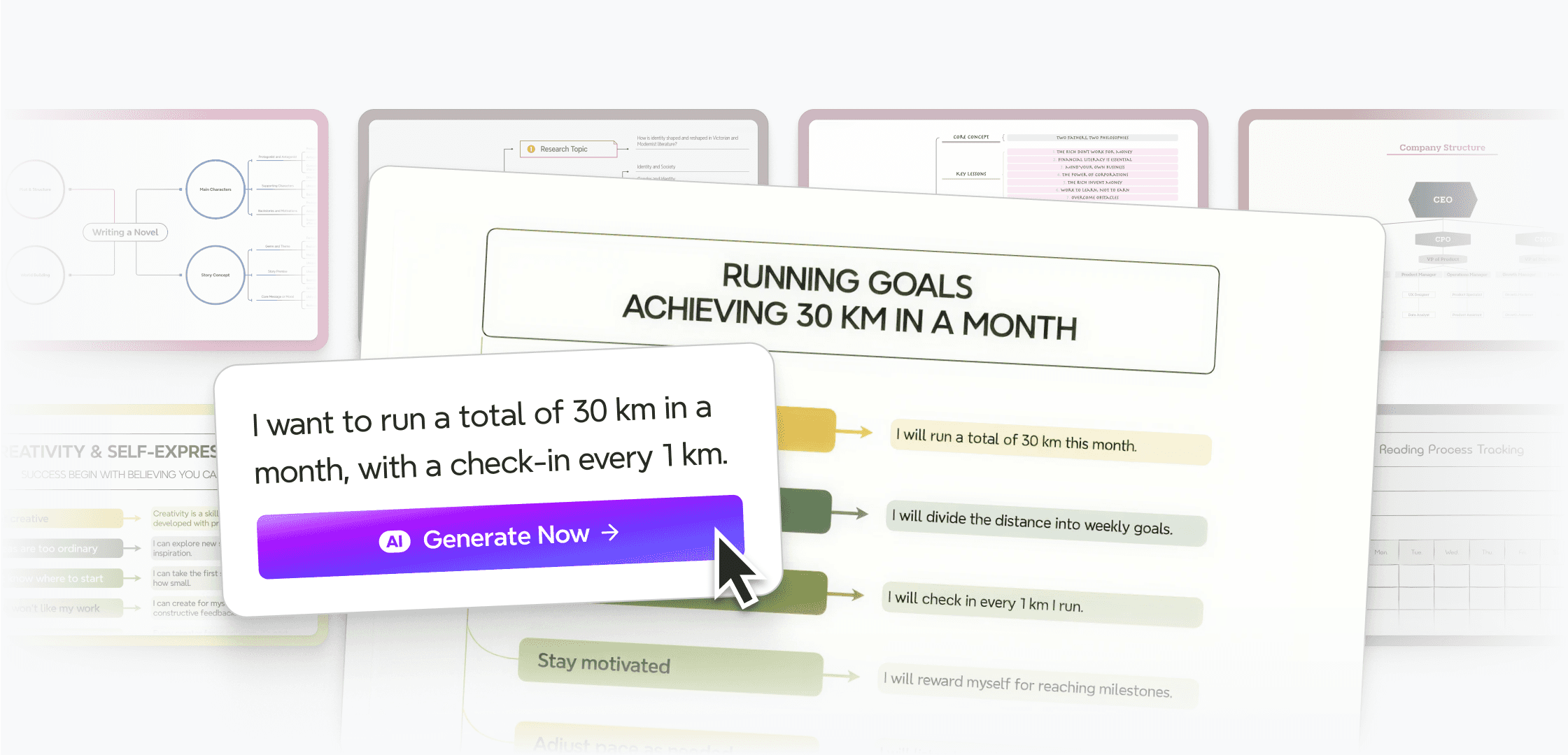 Xmind AI generation with input prompt structure layout for creating running goals.