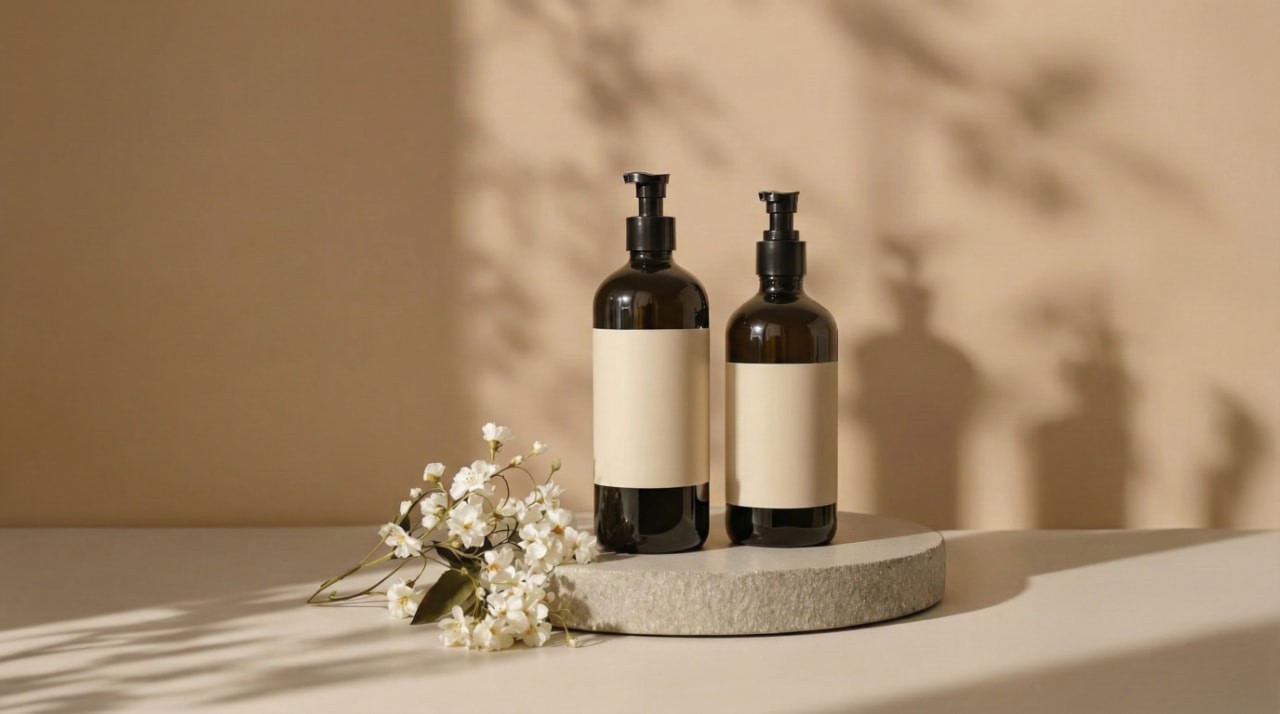Two amber pump bottles with blank labels on a stone platform, accompanied by delicate white flowers. Soft shadows on a beige background. Minimalist and serene.