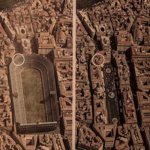 并排的航拍视角展示了两座古老城市建筑，周围环绕着密集的矩形建筑物。