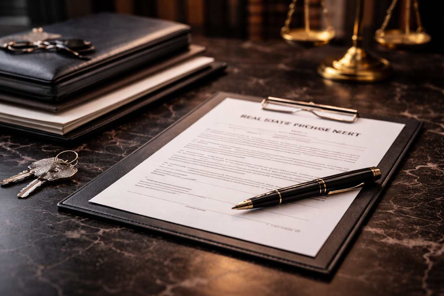 real estate purchase contract on a dark desk with pen and keys, illustrating legal review process by a property lawyer in Turkey