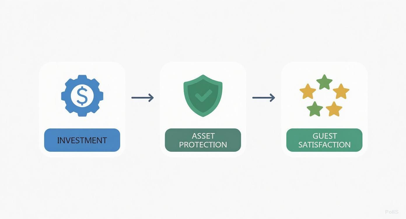 Flowchart showing investment leading to asset protection and resulting in guest satisfaction with star ratings