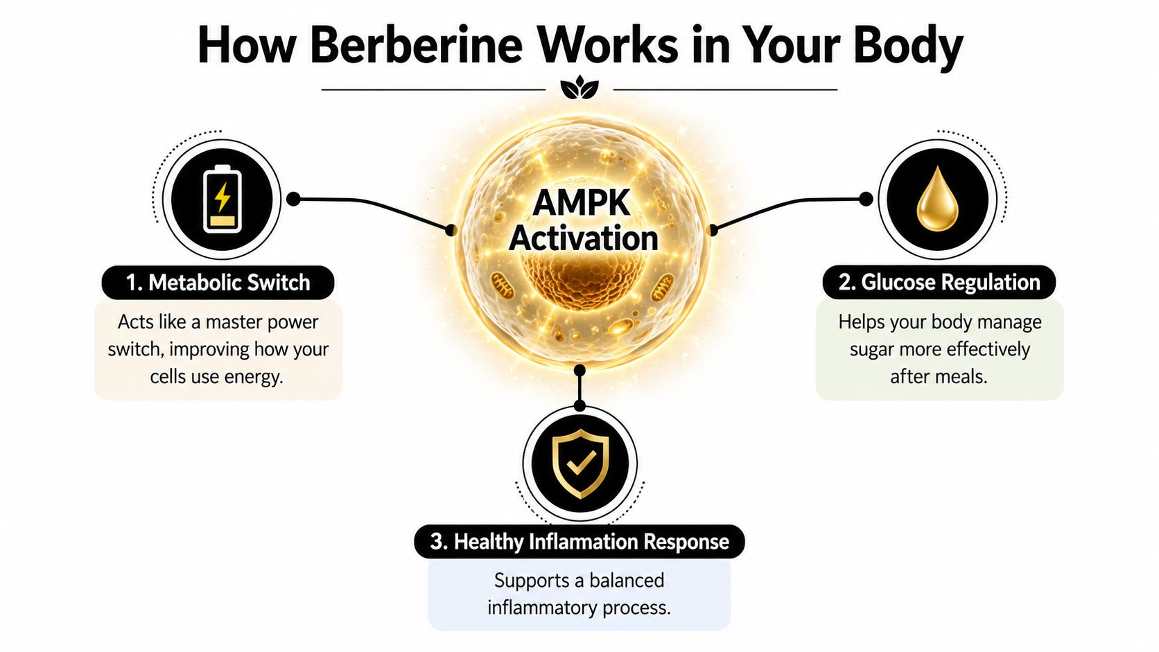A diagram illustrating how berberine works by activating AMPK, regulating glucose, and supporting a healthy inflammatory response.