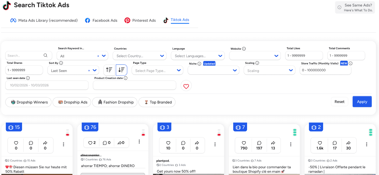 TikTok Ad Search Dashboard in WinningHunter showing filters for country, language, engagement metrics, and product categories to find trending TikTok ads.