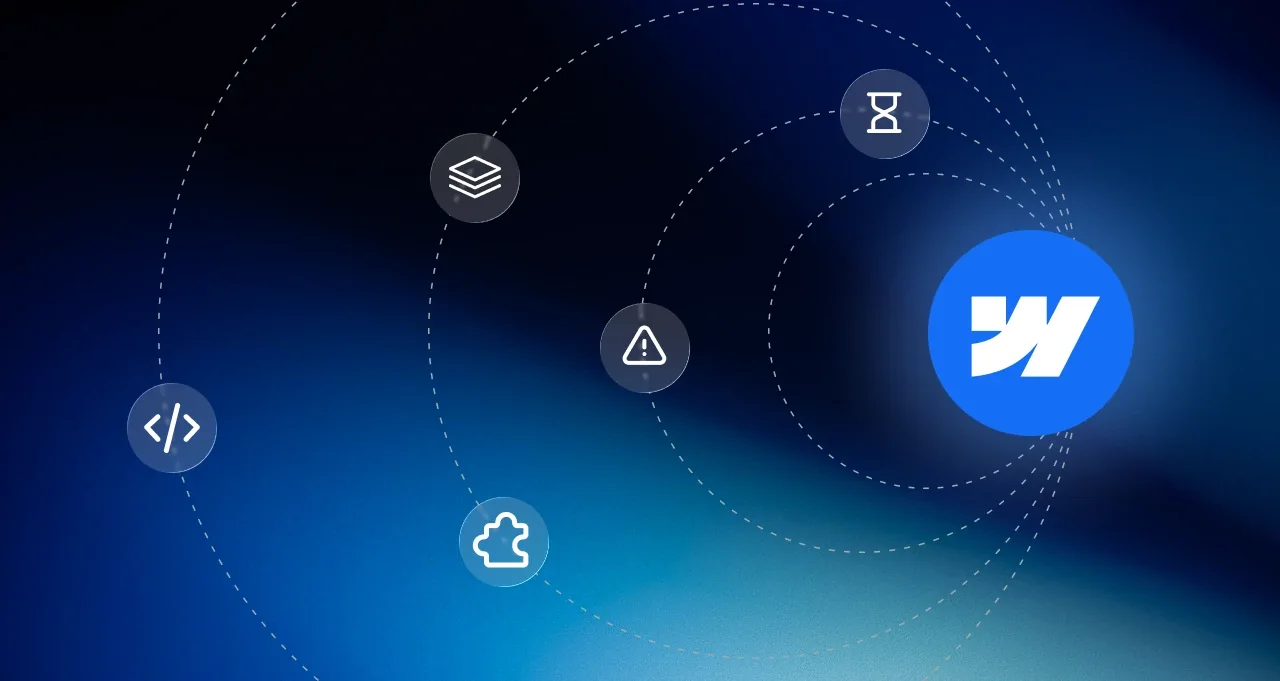The Webflow logo orbited by code, layers and warning icons