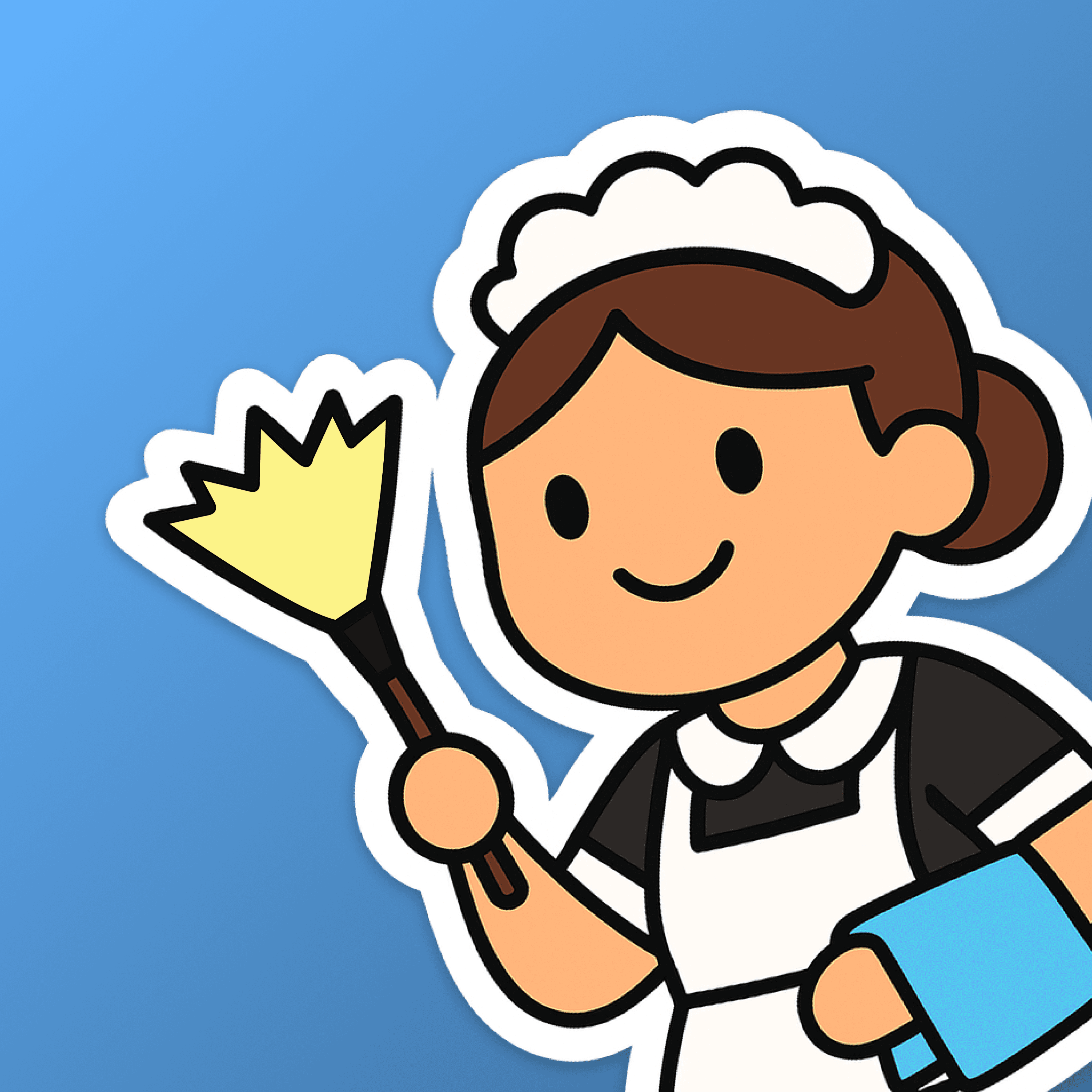 Clen app icon featuring a smiling housekeeper illustration holding a duster and spray bottle on a blue background.