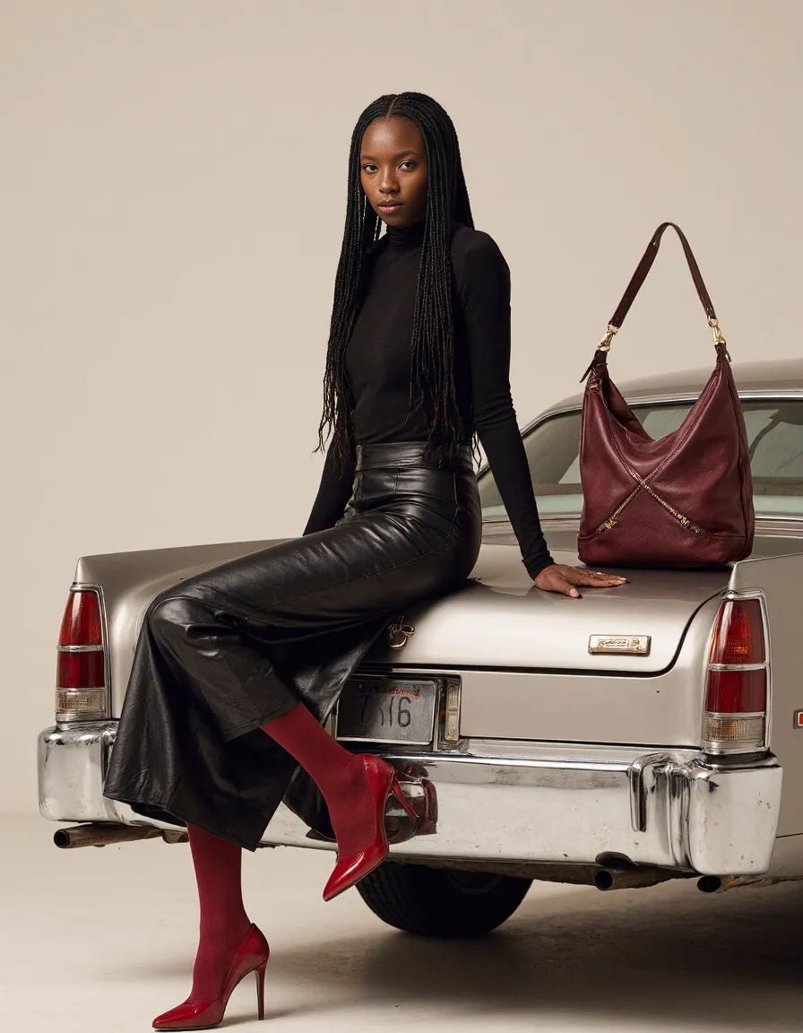 Stylish fashion editorial featuring black leather outfit, red stiletto boots, and burgundy handbag against a classic silver vintage car