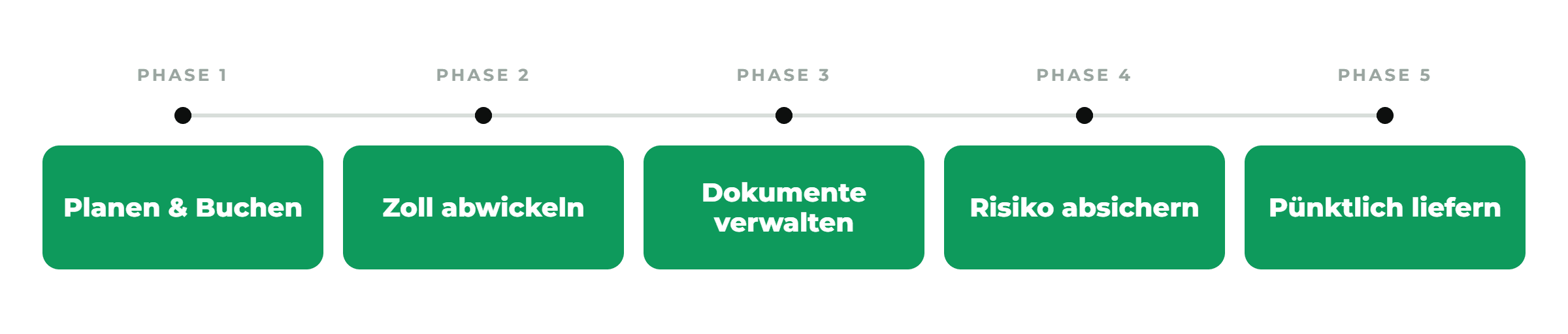 Here's altInfographic showing 5 stages of the freight forwarding process in green rounded boxes connected by a timeline: Stage 1 Plan the route, Stage 2 Book & coordinate, Stage 3 Clear customs, Stage 4 Cover the risk, Stage 5 Deliver on time.