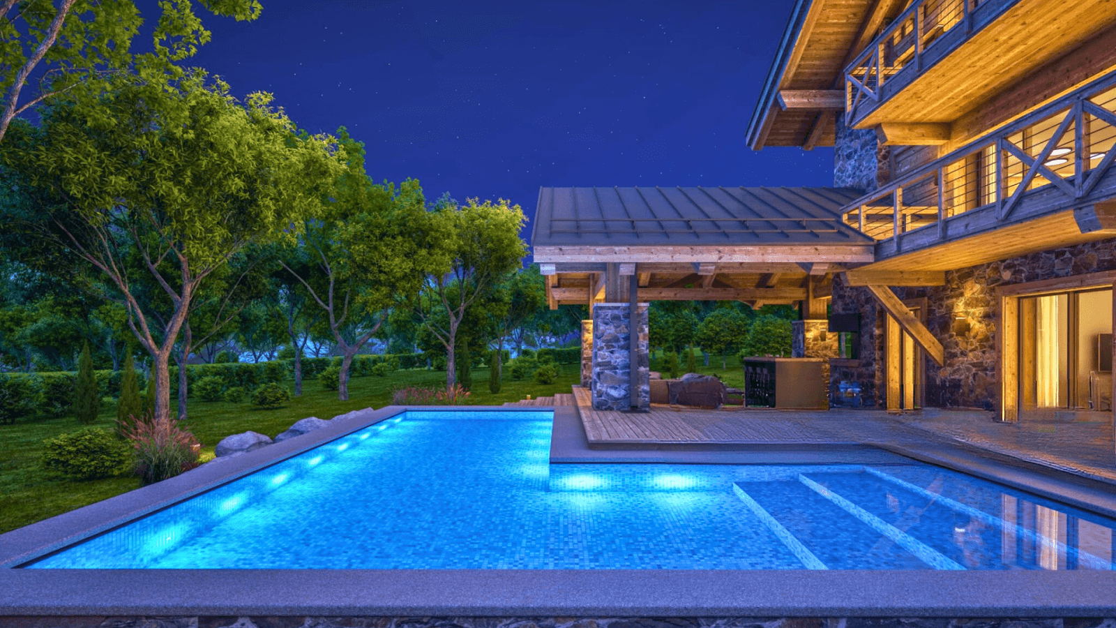 Custom-designed concrete pool with ambient lighting and stone decking in Ohio