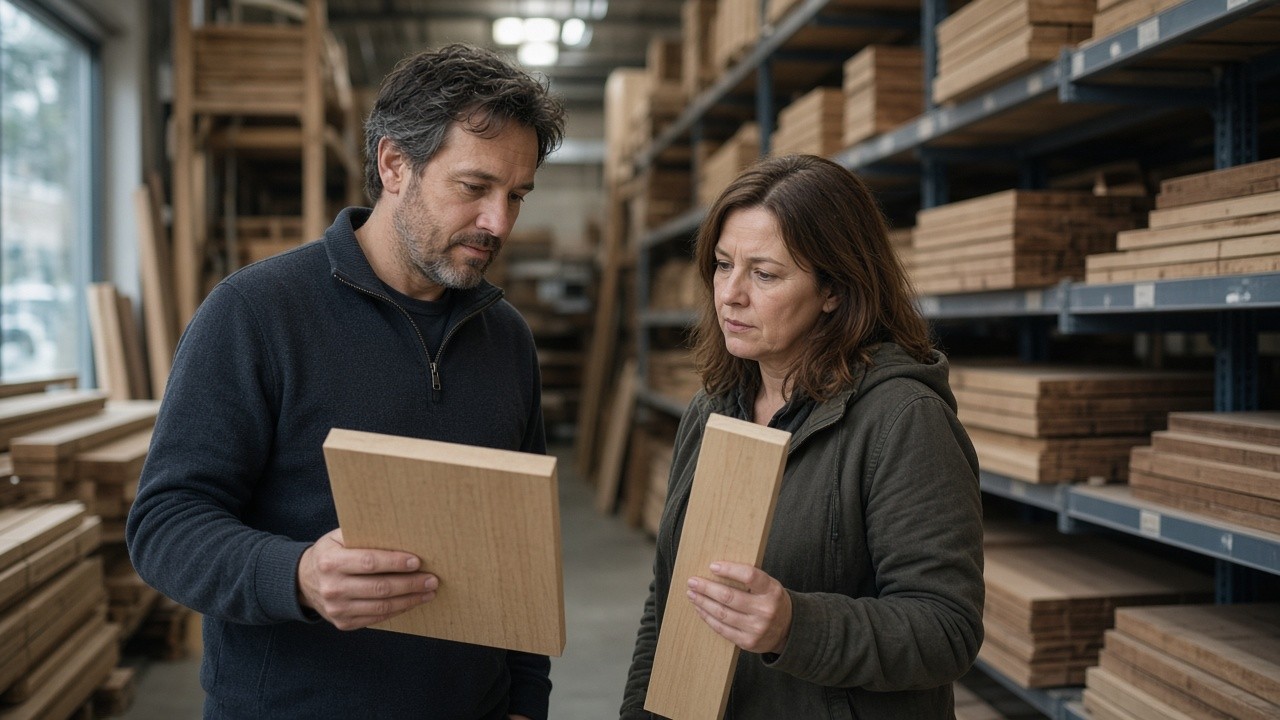The image shows a man and a woman standing in a warehouse filled with shelves stocked with wooden panels. They are closely examining and comparing two different wood pieces, seemingly making a decision about which materials to choose. The setting suggests an environment related to woodworking, carpentry, or home improvement, and can be used in professional documentation about wood material selection, retail trade, or DIY projects.