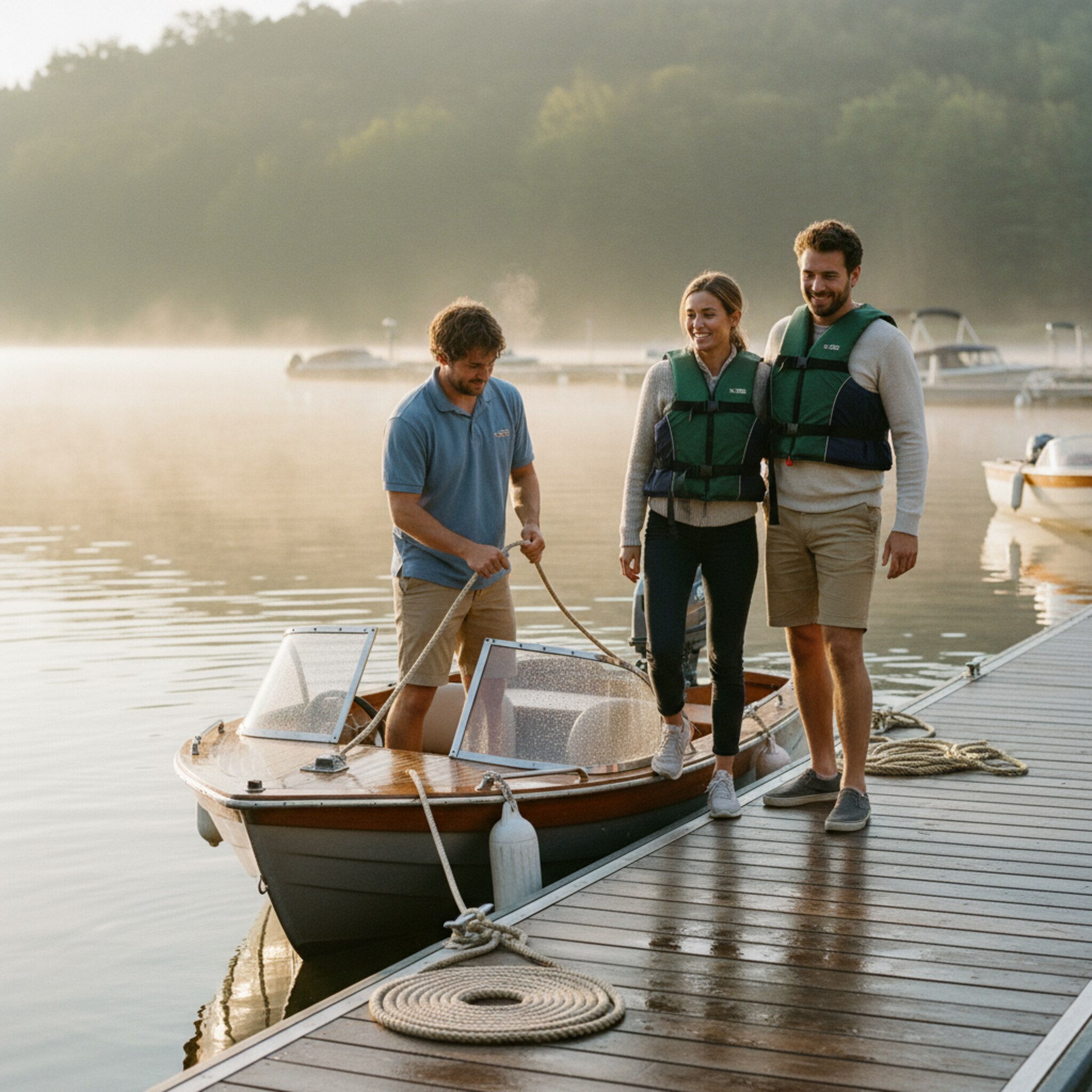 Früher Morgen am Steg: Dünner Nebel liegt über dem Wasser, die Sonne spiegelt sich zwischen leisen Wellen. Ein Teammitglied löst die Leinen eines kleinen Motorboots, während ein Paar mit Schwimmwesten einsteigt. Auf dem Ponton liegen sauber aufgerollte Taue, Fender schaukeln sanft am Rumpf.