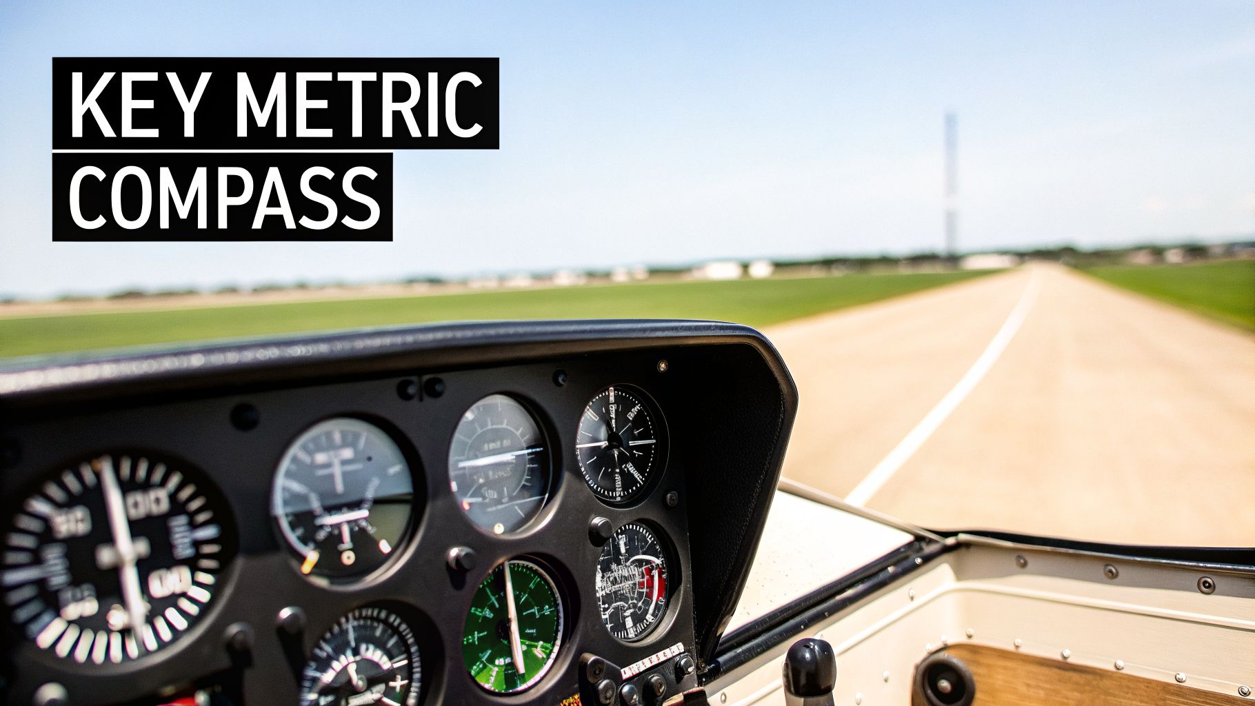 Aircraft cockpit with instrument panel, featuring a 'KEY METRIC COMPASS' overlay and a runway.