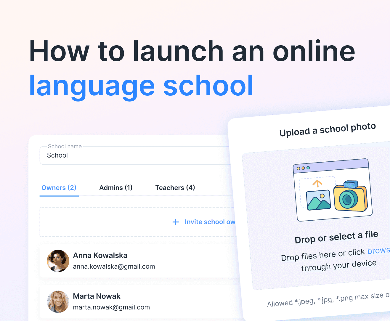 How to launch an online language school — edio School settings interface showing teacher management and photo upload