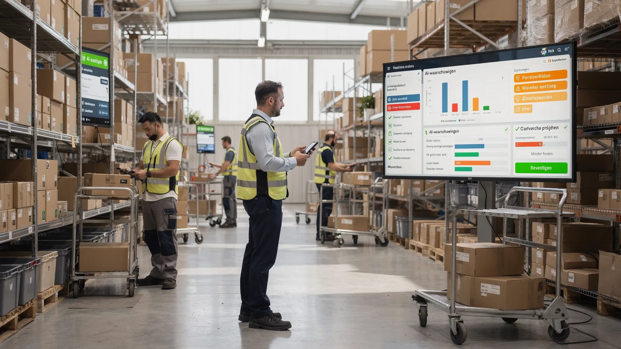 Operationsmanager in een mkb-warehouse kijkt naar een groot dashboard met real-time orders, AI-gegenereerde waarschuwingen en doorlooptijden; naast hem gebruikt een collega een mobiele AI-assistent om een order te bevestigen; de scène toont minder foutmeldingen en snellere picking, zonder herkenbare merken of logo’s.